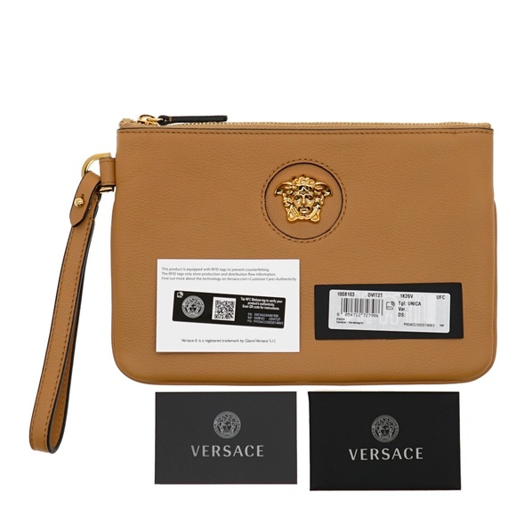 Versace La Medusa Wristlet Zip Pouch Caramel Leather New - Picture 3 of 7